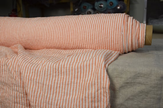Temporarily OUT OF STOCK. Pure 100% linen fabric Aurora Tangy Orange Candy Stripe 160gsm(4.80oz/yd2). 4mm stripes. Washed-softened.