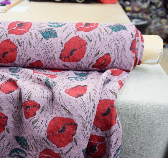 Natural Linen Fabric Gloria - Red Poppies Design, Pink Background, Premium Quality, Medium Weight, Soft, Pre-Shrunk, Ready to Use! IN STOCK!