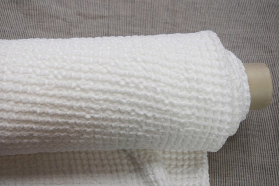 Thick Waffle Linen/Cotton Fabric - "Rona Off-White", Small Diamond Pattern, 300gsm (8.9oz), Eco-Friendly, Premium, Soft & Smooth. IN STOCK!