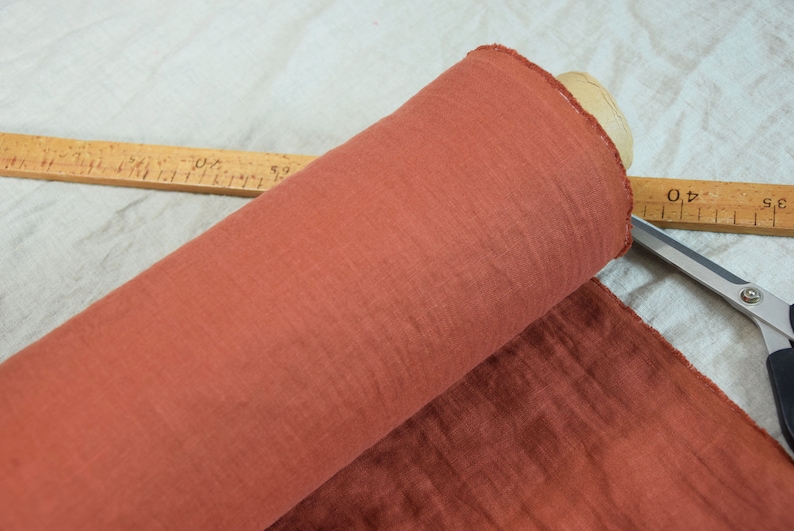 IN STOCK. Pure 100% linen fabric Gloria Rust 200gsm 5.90 oz/yd2. Reddish-brown color, washed-softened. image 6