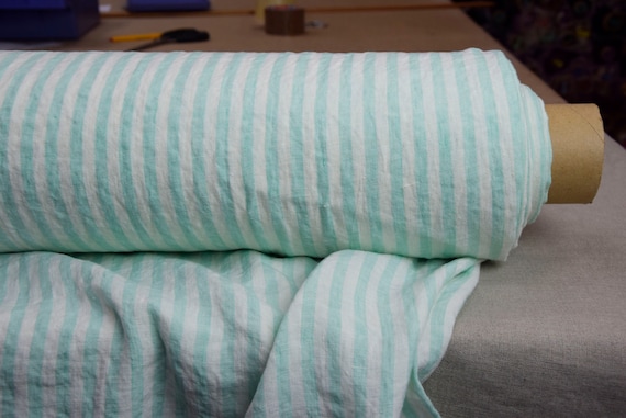 Linen Fabric - "Aurora Greenish Mint & White Striped", Nice 8mm Bengal Stripe, 160gsm (4.8oz), Strong, Durable 100% Pure Linen, IN STOCK!
