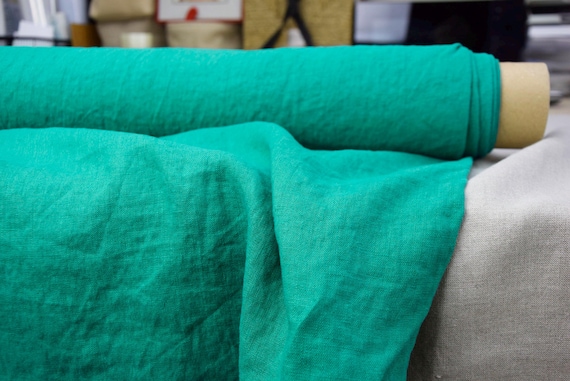 Linen Fabric "Gloria Brilliant Emerald" 200gsm (6oz/yd2). Premium Quality Bright Green 100% Pure Linen. Solid Green Color Fabric. IN STOCK!