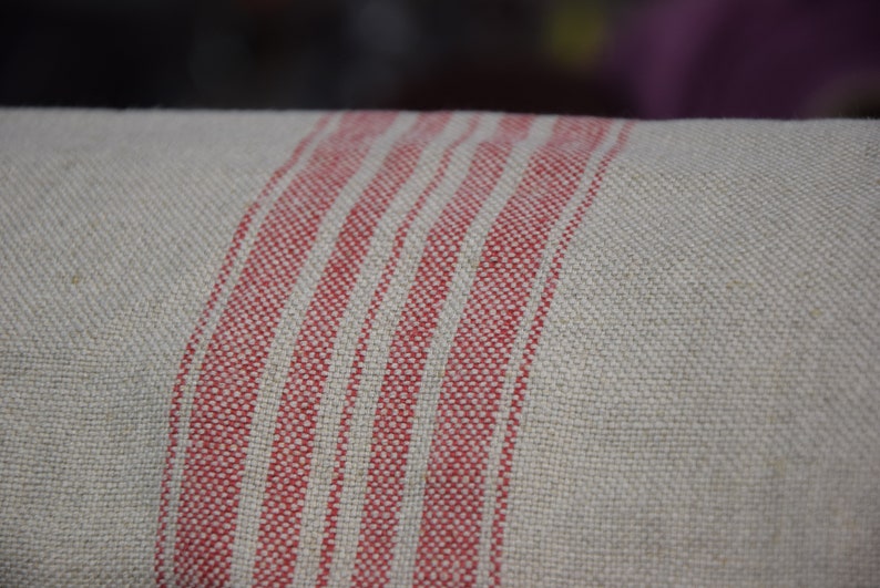 IN STOCK. 100% linen fabric Pera Natural Red Stripe 350gsm. French grain sack pattern. Pre-shrunk. Eco-friendly heavy and thick material. image 5