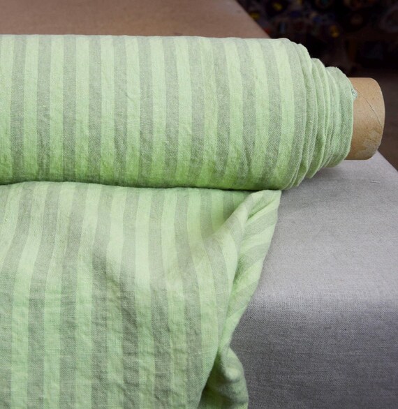 Fabric Linen "Gloria Canary Green Bengal Stripe", 200gsm (6oz), 100% Pure, Soft Texture, Pantone 12-0108, Vibrant, OUT OF STOCK!