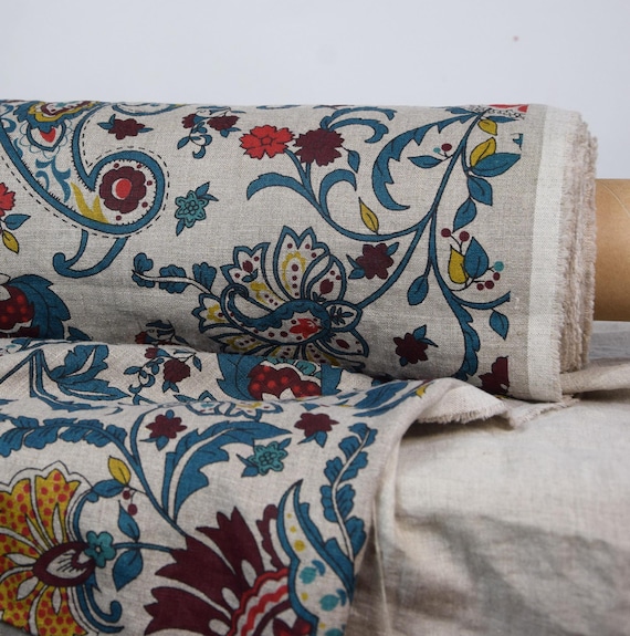 Pure 100% linen fabric Gloria Natural Multicolor Paisley 200gsm. Multicolor pattern on undyed flax. Temporarily OUT OF STOCK.