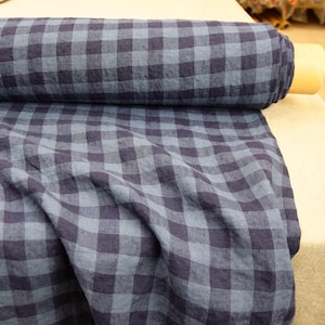 100% puur linnen - Stella Collectie - Gedempte blauwe ruitjes, op maat gesneden of per meter, 190 g/m² (6 oz), zacht gewassen, voor kleding en woondecoratie