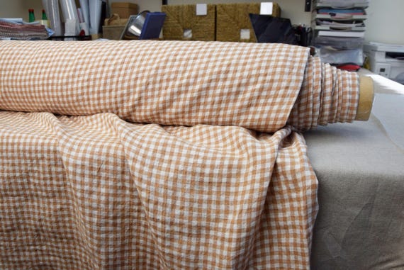 Fabric "Aurora Light Brow Gingham", Premium Quality, Sand-Caramel-Brown, 6mm Check 160gsm/5oz, 100% Pure, Soft Natural Wrinkled, IN STOCK!