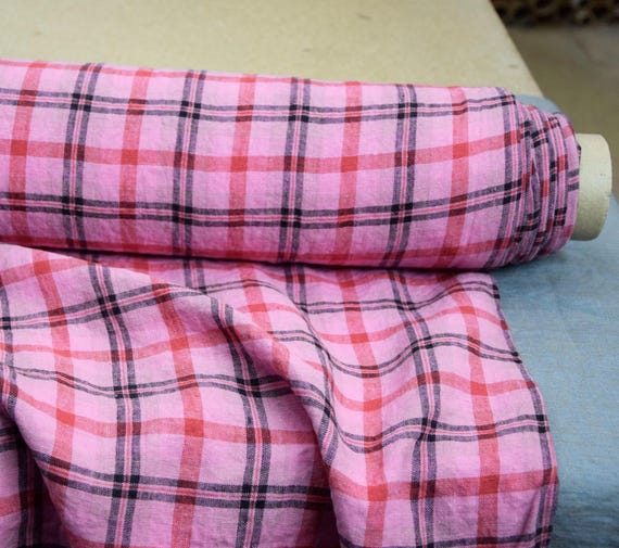 Luxurious 100% Linen Fabric - Elba Pink, Black/ Red Tartan, 200gsm (6oz), Densely Woven, Washed & Softened for Sewing. IN STOCK.