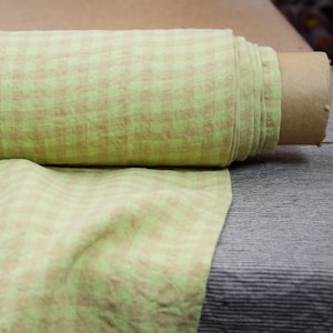Jasnozielona i różowa tkanina lniana w kratkę gingham - „Aurora”, kratka różowo-zielona, miękki 100% len, 160 g/m2 (4,8 oz), zachwycający wzór, BRAK W MAGAZYNIE.