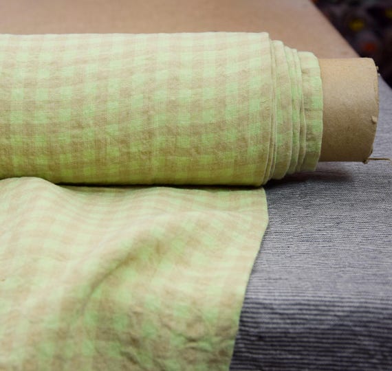 Bright Green & Pink Gingham Linen Fabric - "Aurora", Rose/Greenery Check, Soft 100% Linen, 160gsm (4.8oz), Delightful Pattern, OUT OF STOCK.