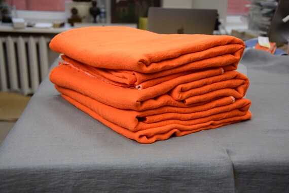 100% linen fabric Julia Bright Orange 210gsm(6.20oz/yd2). Vivid saturated bold tangerine, carrot. Out of a STOCK.