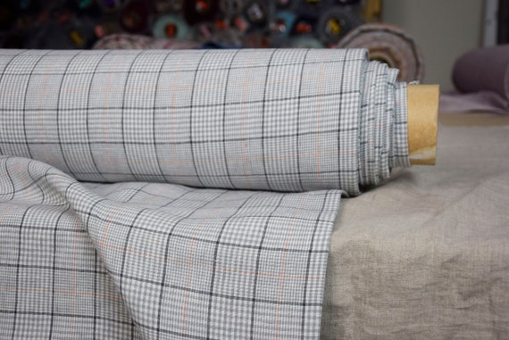 Pure 100% linen fabric Gloria Gray Orange Windowpane Check 190gr/m2 (5.60 oz/yd2). Washed-softened. Limited edition.