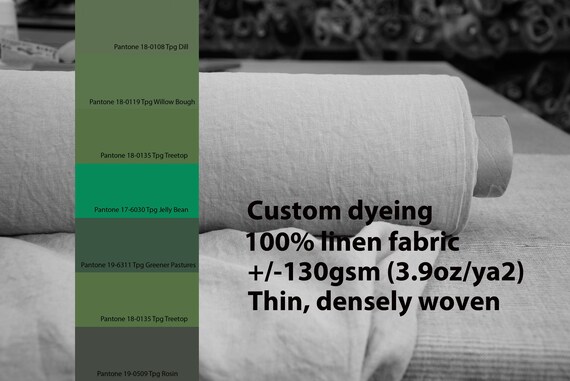CUSTOM DYEING 100% linen fabric 130gsm (3.80oz/yd2). Aura. Thin lightweight densely plainly woven linen fabric. Pantone green pallette No 3.