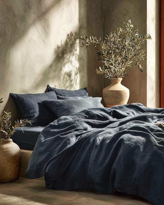 Linen Duvet Cover 100% Stone Washed Linen, Dark Blue-Gray Handmade Comforter Cover, Doona Cover, US EU Custom Sizes, NOCTURNE collection.