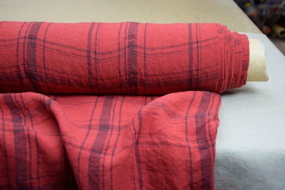 Linen Fabric - "Augusta Cherry Tomato Plaid", 145gsm, 100% Pure, Red & Gray Windowpane Check, Pantone 17-1563, Ready to Sew! IN STOCK!