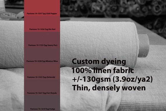 CUSTOM DYEING 100% linen fabric 130gsm (3.80oz/yd2). Aura, thin lightweight densely plainly woven fabric. Pantone dark red No 11.