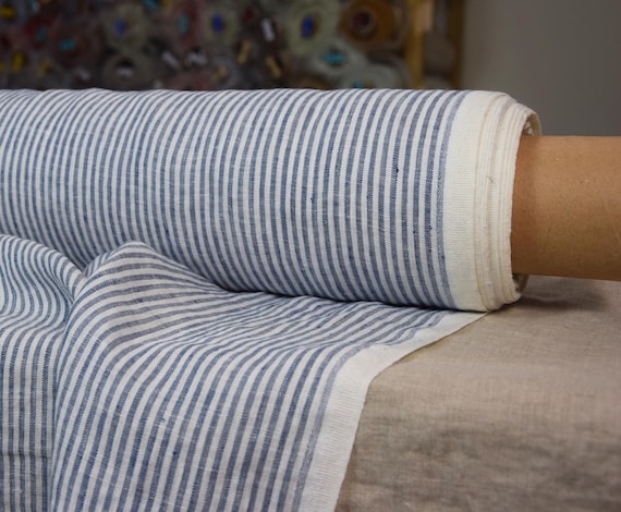 Linen Fabric "Aura Navy Striped", Thin, Lightweight 125gsm. Pure Linen 100%, White/Blue Striped. Washed, Softened, Preshrunk. IN STOCK!