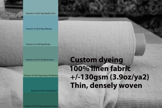 CUSTOM DYEING 100% linen fabric 130gsm (3.80oz/yd2). Aura - thin lightweight densely plainly woven linen fabric. Pantone blue-green No 4.