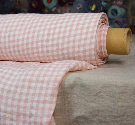 Fabric "Aurora Blush Pink Gingham" 8mm Vichy Check 160gsm/5oz Soft Creased 100% Pure Linen, IN STOCK, Perfect for Summer Sewing Projects!