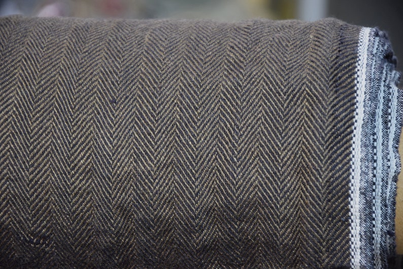mix of dark brown and black Pure 100/% linen fabric Sigma Black Soil Herringbone 220gsm Broken twill Washed-softened. WHOLESALE