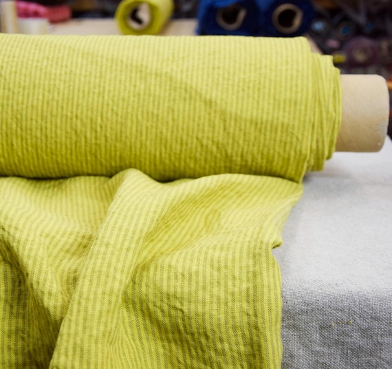 Linen Fabric "Elba Candy Stripe", Sulphur Yellow, Premium, High Quality, Stonewashed, Softly Creased, 100% Pure, 200gsm (6oz/ya2). IN STOCK!