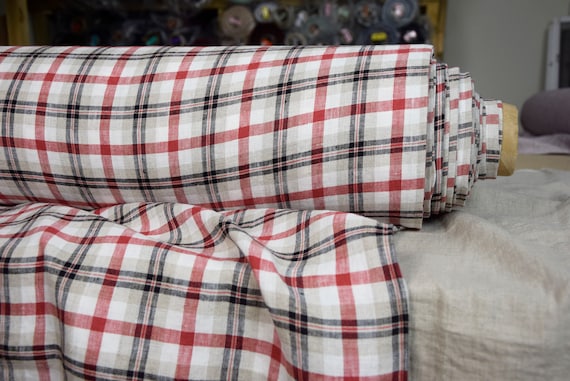 Pure 100% linen fabric Elba Black Red White Tartan 200gsm (5.90oz/yd2). Densely plainly wowen, washed-softened. Limited edition.IN STOCK.