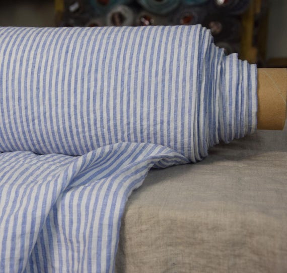 Linen Fabric - "Aurora Iris Blue Candy Stripe", Soft & Washed, 160gsm (5oz), 4mm Stripe, Beautiful Naturally Creased Texture, OUT OF STOCK!