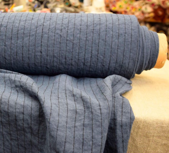 Luxurious 100% Linen - Gloria Muted Blue Pinstripe, Classic Denim Blue Shade 200gsm (6oz), Pure Linen Soft Durable Ready to Ship IN STOCK!