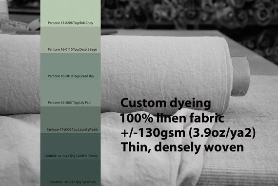 CUSTOM DYEING 100% linen fabric 130gsm (3.80oz/yd2). Aura- thin lightweight densely plainly woven linen fabric. Pantone green pallette No 2.