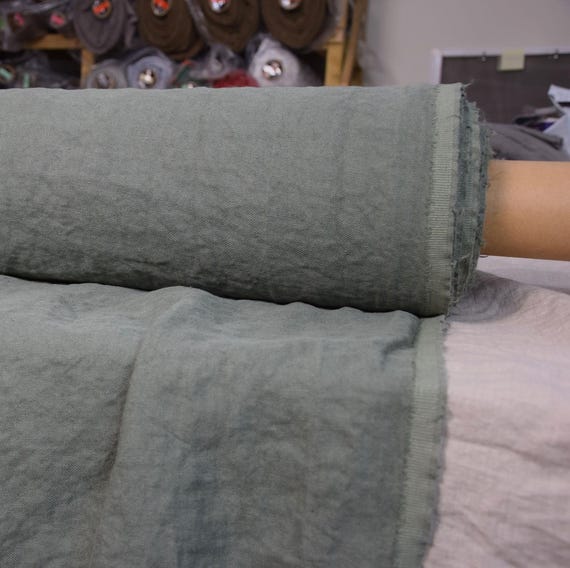Linen fabric "Udana Celadon" 340gsm (10.10oz/yd2). 100% Pure. Washed/Pre-shrunk. Eco-friendly green heavyweight material. In Stock!