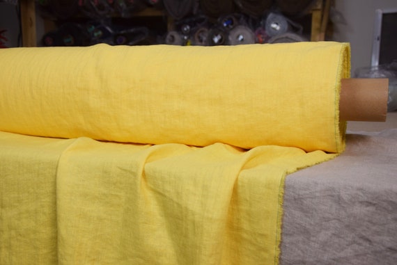 100% Linen Fabric "Gloria Sunburst Yellow" 200gsm(6oz/yd2). Bright Vivid Sunny. Washed, Pre-shrunk, Soft, Medium Weight. BTY IN STOCK.