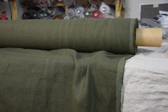Temporarily OUT OF STOCK. Pure 100% linen fabric Luna Dark Earthy Green 290gsm (8.55 oz/yd2). Dark rich color. Washed-softened.
