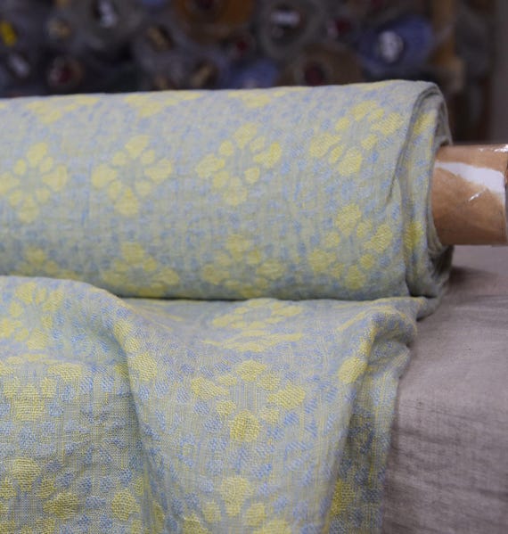 Beautiful Floral Linen Fabric - "Flora Breezy", Geometric Jacquard, Nice Blue/Yellow Pattern, 155gsm, Natural Texture, 100% Pure, IN STOCK!