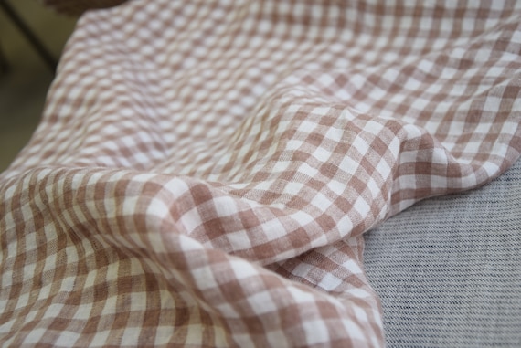 100% linen fabric "Aurora Rosy Nut Gingham" 150gsm (4.50oz/yd2). 8mm check. Washed-softened. Naturally wrinkled. Temporarily OUT OF STOCK.