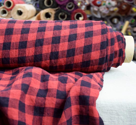 Linen Fabric "Stella Dark Blue/Red Gingham" Pantone Cherry Tomato Color, 190gsm (5.8oz), Premium Soft 100% Linen, Washed, Creased, IN STOCK!