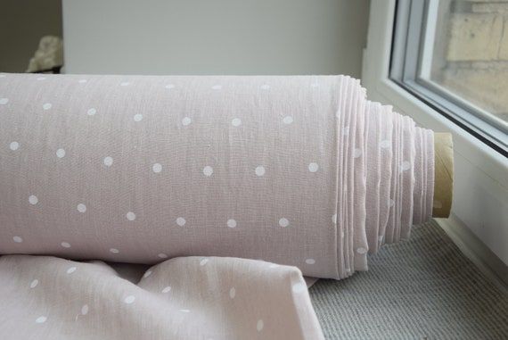 IN STOCK. Pure 100% linen fabric Gloria Dogwood Pink Dotted 200gsm (5.90 oz/yd2). Washed-softened. White dots on pastel pink background.