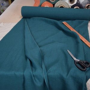 Pure linen fabric Gloria Slate Teal.  Blue and green, saturated dark teal is dressy and dramatic. A dose of black gives it a deep richness. Middle weight, dense, not sheer, plain. Washed-softened, will not  shrink any more.