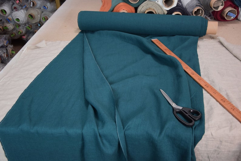Pure linen fabric Gloria Slate Teal.  Blue and green, saturated dark teal is dressy and dramatic. A dose of black gives it a deep richness. Middle weight, dense, not sheer, plain. Washed-softened, will not  shrink any more.
