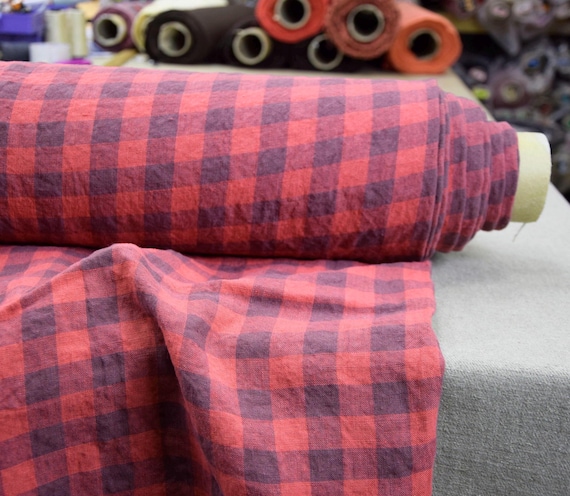 Linen Fabric - "Stella Punch Pink Gingham", 190gsm (5.7oz), 2cm cheks, 100% Pure Linen. Vibrant, Bright Warm Pink Color! Premium Qality!