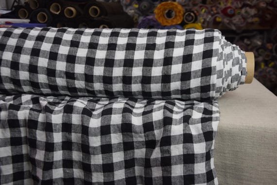 Fabric "Gloria Black & White Gingham" 200gsm(6oz/yd2). 100% Pure linen. 2cm check. Natural, Creased, Softened, Preshrunk, Premium, IN STOCK.