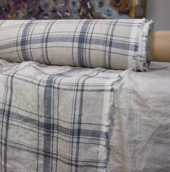 Checked Linen Fabric "Augusta Natural Plaid", Gray Windowpane, 145gsm, Undyed Flax, High Quality, Soft & Natural, Lightweigh, IN STOCK!