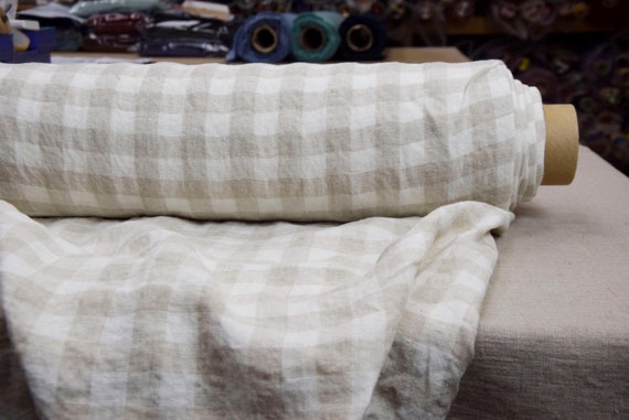 Pure 100% linen fabric Stella Natural Gingham 180gsm (5.35 oz/yd2). Gingham 2cm undyed flax/white. Pre-shrunk. Naturally wrinkled. IN STOCK.