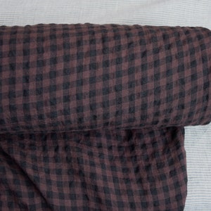 IN STOCK. Pure 100% linen fabric Aura Black/Reddish Brown Gingham 125gsm 3.70oz/yd2. 8mm checks. Washed-softened. Widht 145cm 57. image 5