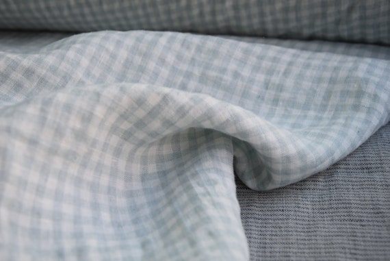 Linen Fabric - Aurora Duck Egg Blue Gingham, 100% Pure Linen, 185gsm (5.5oz), 5mm Check, Washed & Softened, Temporarily Out of Stock.