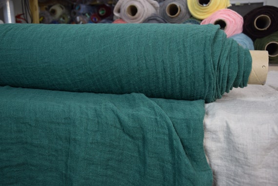 Linen fabric "Pura Absolute Green". Thin semi-sheer gauze. 100% linen 110gsm (3.20oz/yd2). Bold dark green. Washed-softened. OUT OF STOCK.