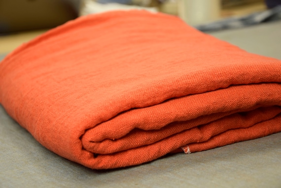 100% linen fabric "Julia Red Orange" 210gsm (6.2oz/yd2). Pantone 17-1464, Vibrant, Bright Red-orange shade. Temporarily OUT OF STOCK.