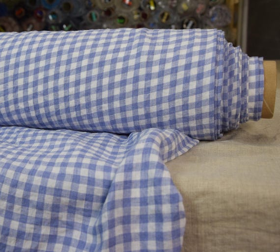 Light Blue Linen Fabric - "Aurora Iris Gingham", Soft 8mm Vichy Check, 160gsm (4.8oz), Washed & Softened, High Quality, OUT OF STOCK.