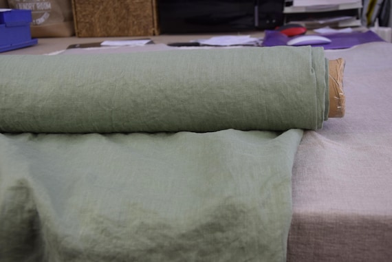 100% Linen Fabric Aura Muted Sage. Lightweight 130gsm/3.8 oz-ya2. Densely Tightly Woven Opaque Washed Soft Relaxed Crinkled. By the yard.