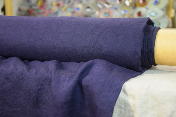 Temporarily OUT OF STOCK. Pure 100% linen fabric Aura Shadow Purple 125gsm. Dark purple color. Light weight, washed-softened.