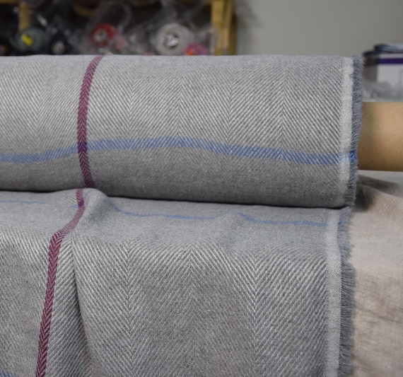 Fabric Linen/Wool "Dora Gray Windowpane", Herringbone, 270gsm, Washed & Soft, 52/36% Linen/Wool, Premium Feel, Available to Order!